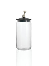 Alessi Mio voorraadbus, glas met zwarte deksel en kat als handvat
