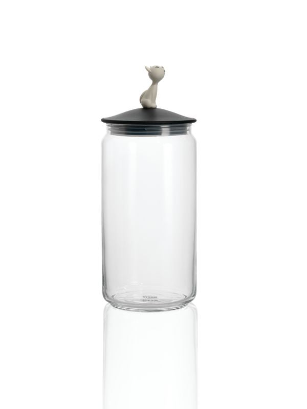 Alessi Mio voorraadbus, glas met zwarte deksel en kat als handvat