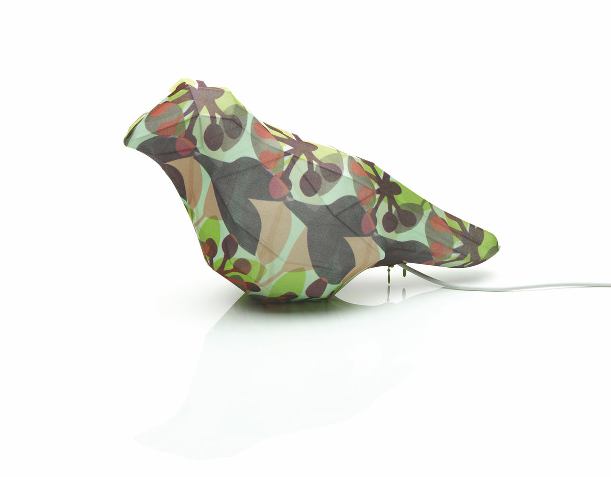 Alessi Cillina tafellamp in vogelvorm, groen-rood patroon, uitgeschakeld.