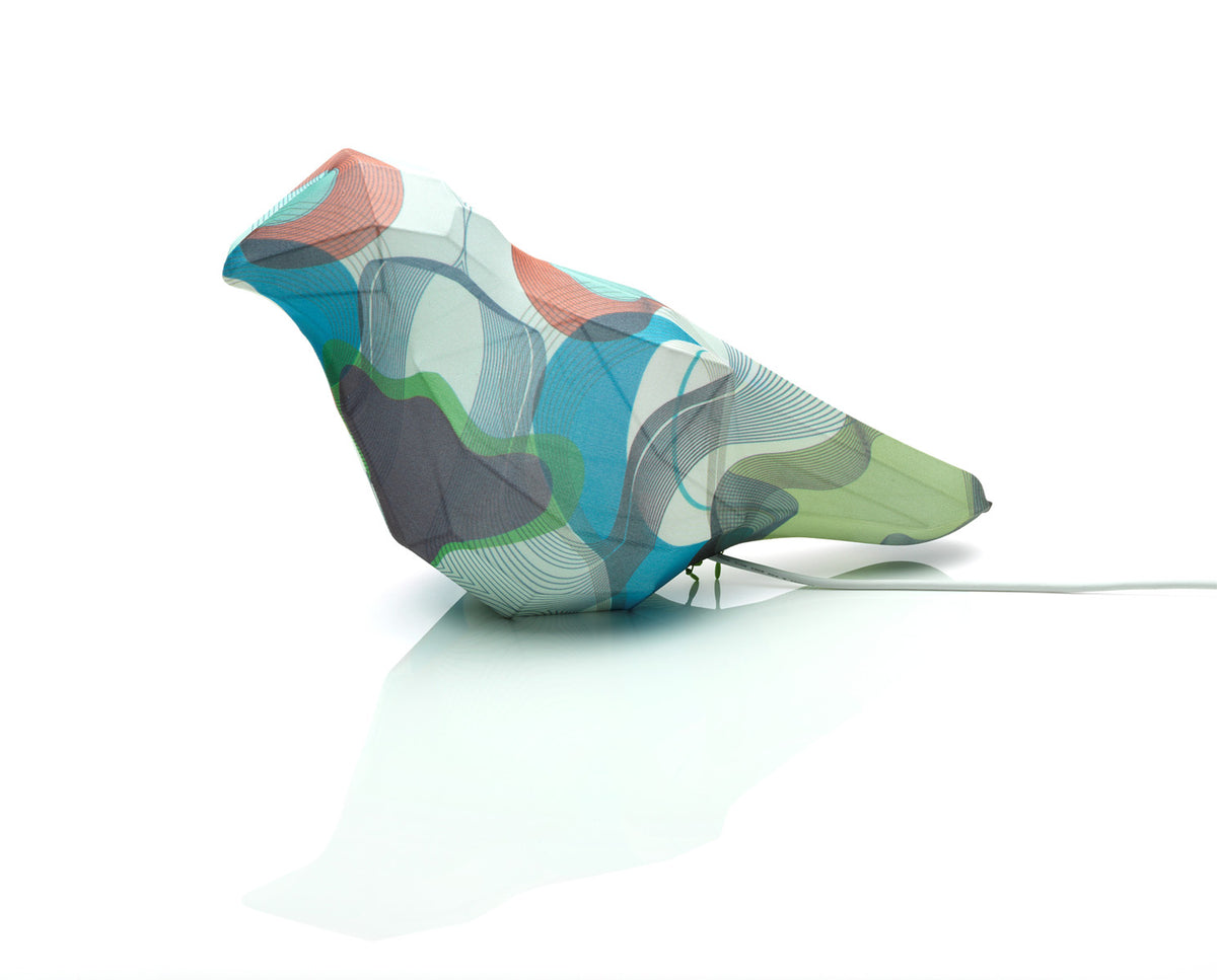 Alessi Cillioptical tafellamp in vogelvorm, met kleurenpalet in blauw en groen
