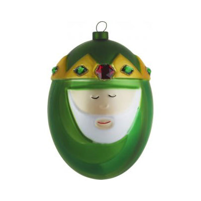 Alessi kerstbal Melchiorre in groen, met kroon en gezicht, ontwerp Marcello Jori