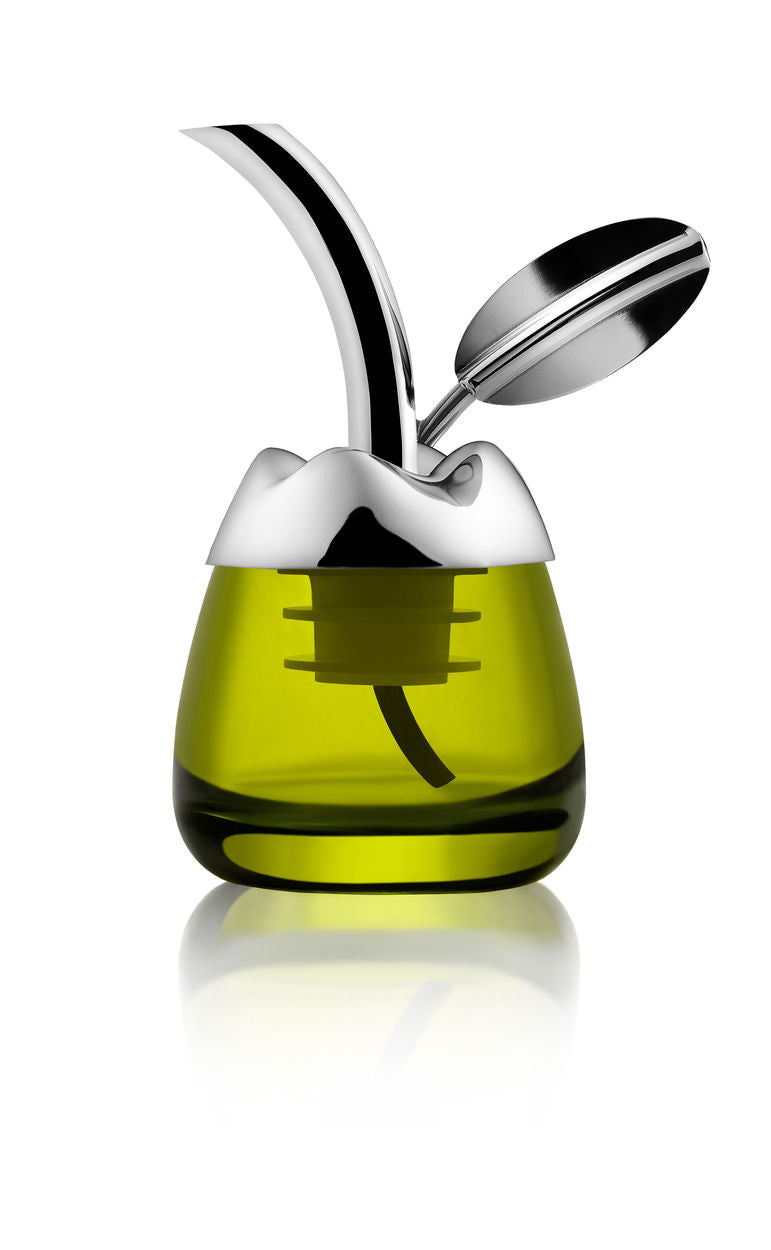 Alessi Fior d'Olio schenkdop met los proeverglaasje, op fles met olie