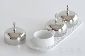 Alessi DRESSED jamset met porseleinen schaaltjes en zilverkleurige deksels