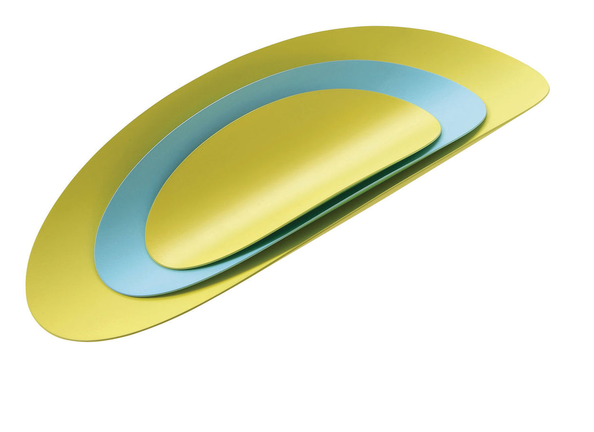 Alessi Ellipse presenteerschalen, set van drie, ovaal, geel en lichtblauw, niet los verkrijgbaar