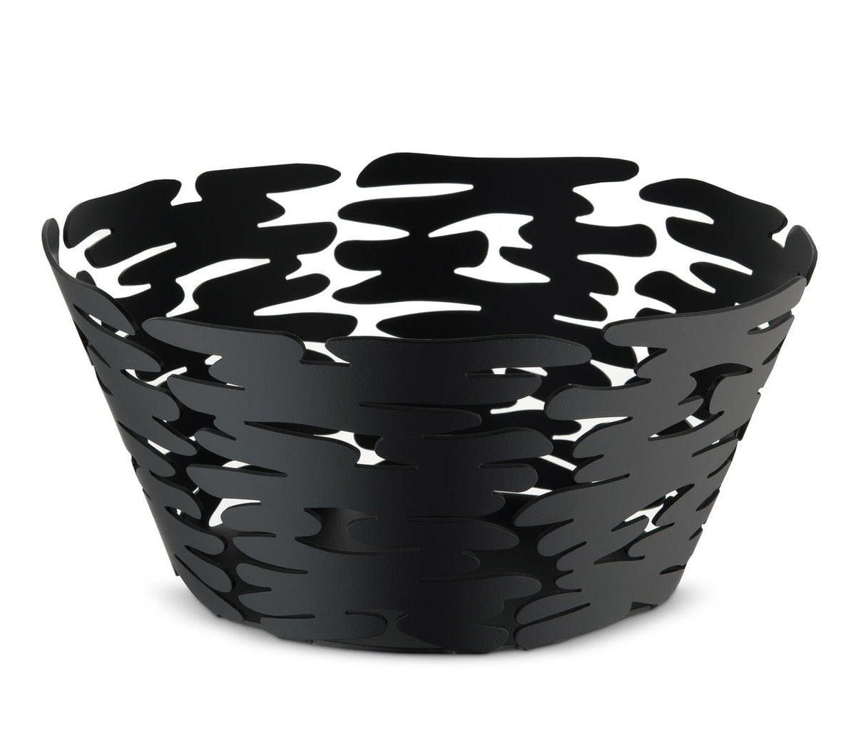Alessi Barket hoog fruitschaal in zwart, opengewerkt patroon, ontwerp Michel Boucquillon