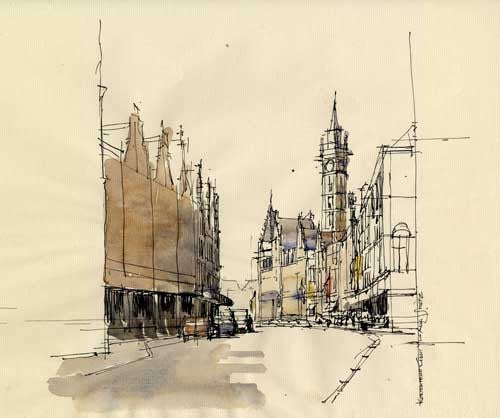 Design Daily's wand aquarel Gent van Jan Metz, stadsgezicht met toren