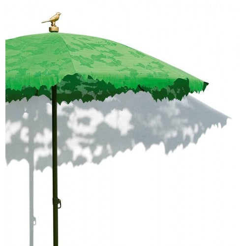 Alessi Shady Lace parasol van Chris Kabel, donkergroen met gouden vogel en opengewerkt bladermotief.