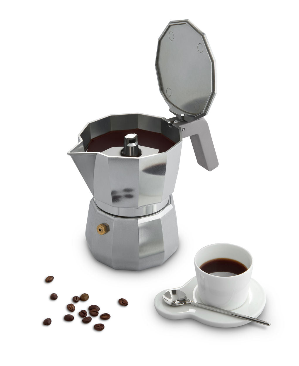 Alessi Moka espressomaker voor 3 kops, geopend deksel met koffie en espressokopje