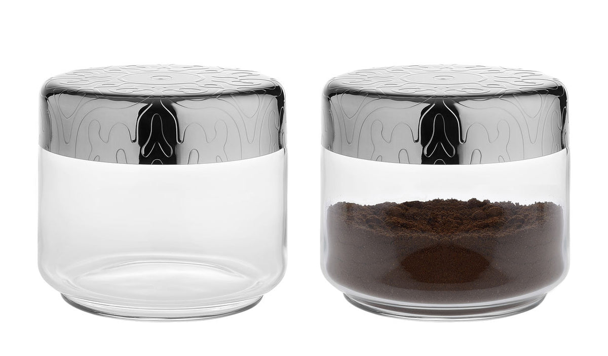 Alessi Dressed pot met deksel, glas met relief deksel, één leeg en één gevuld met koffie