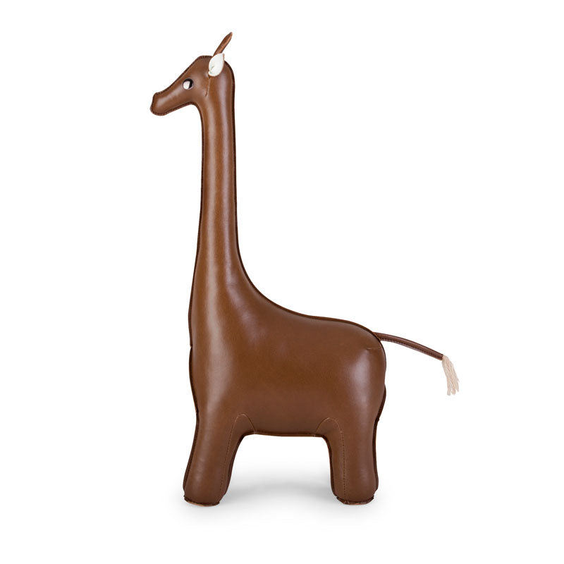 Zuny giraffe boekensteun in bruine kunstleder, zijaanzicht