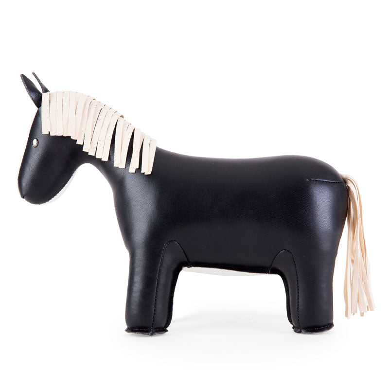 Zuny horse in faux leather, black, side profile view