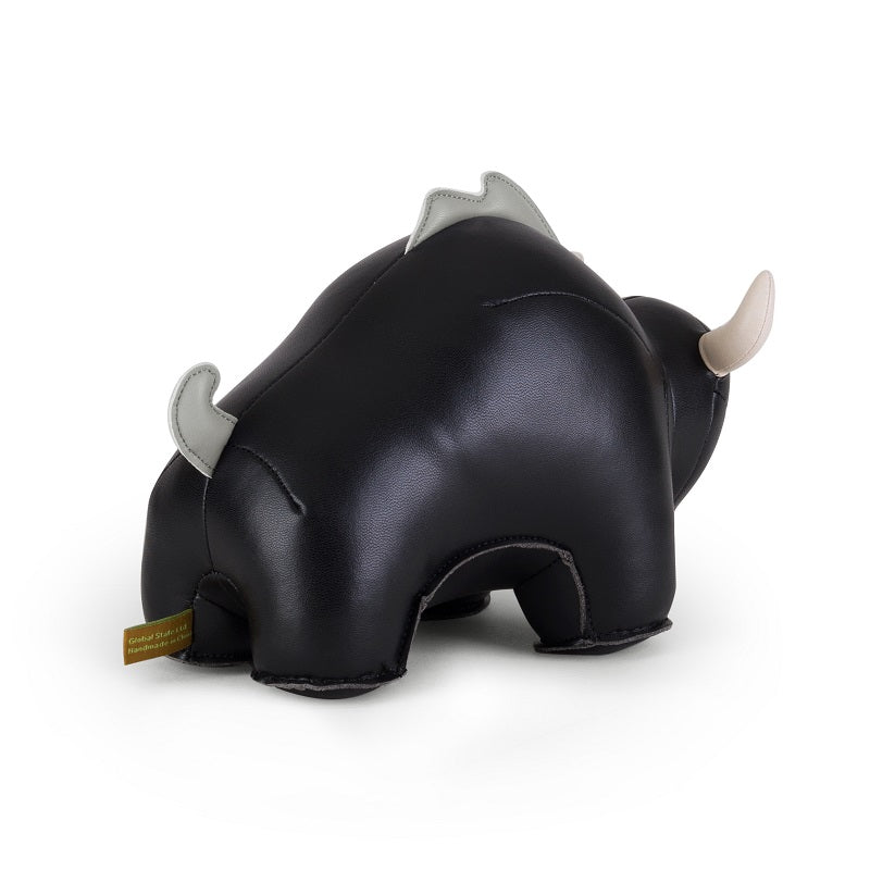 Zuny Buloo bookend, bull figure in faux leather, black, rear view