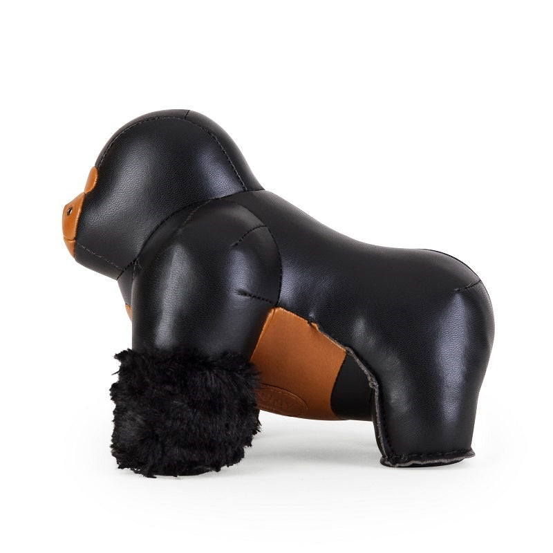 Zuny Milo dierfiguur gorilla van kunstleer, zijaanzicht in zwart en cognac