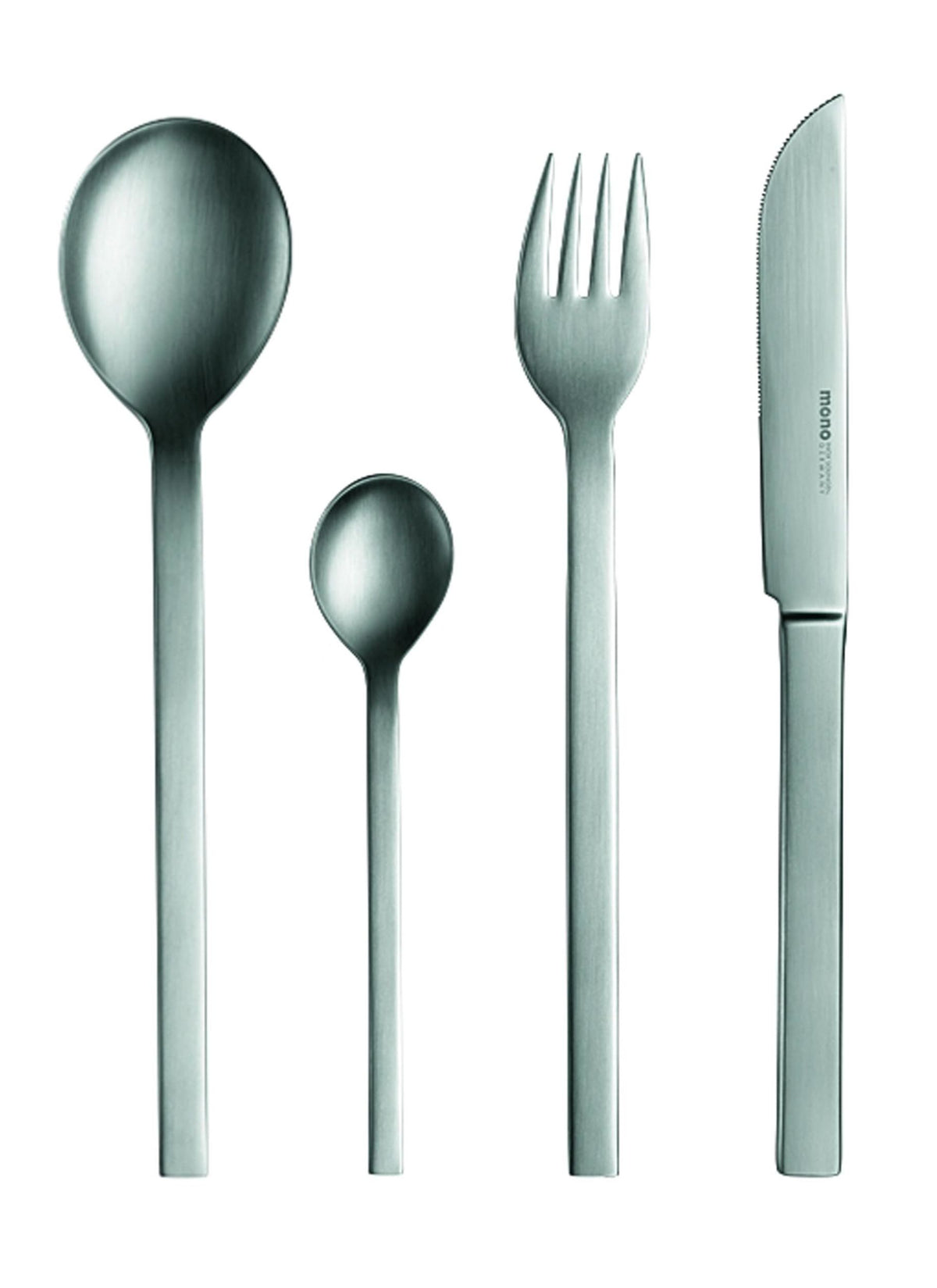 Mono-A cutlery set by Peter Raacke, matt-brushed, with long table knife, table fork, table spoon and coffee spoon
