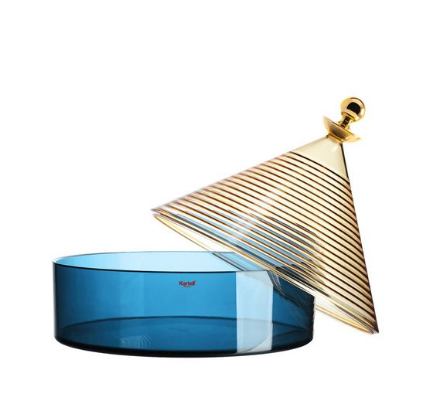 Kartell Trullo bewaardoos in blauw met geel deksel, deksel schuin ernaast