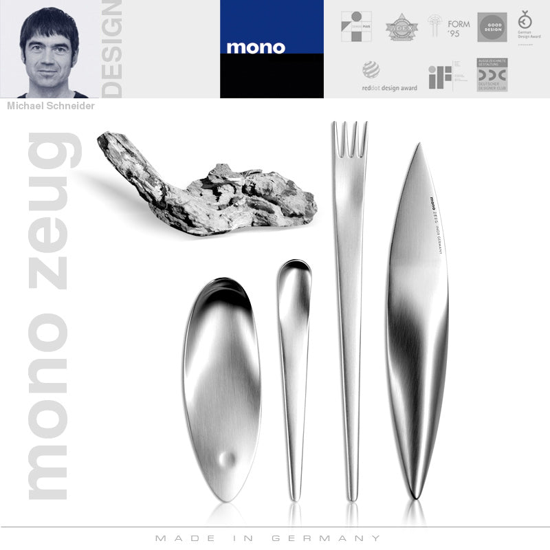 Mono Zeug bestekset 4-delig met lepel, vork, mes en koffielepel, ontwerp Michael Schneider