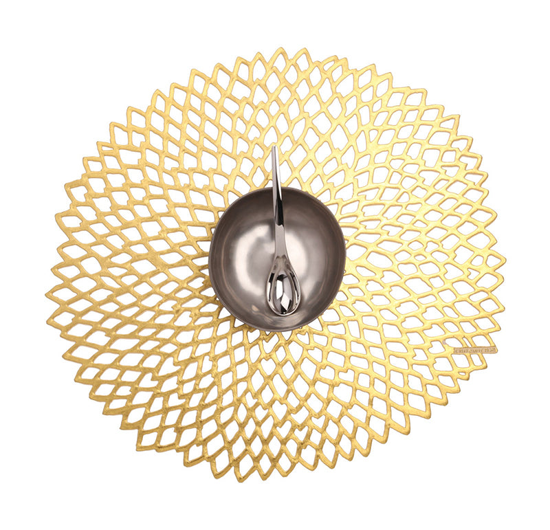 Mooie placemat Dahlia Gold, rond met open structuur in goud, bovenaanzicht