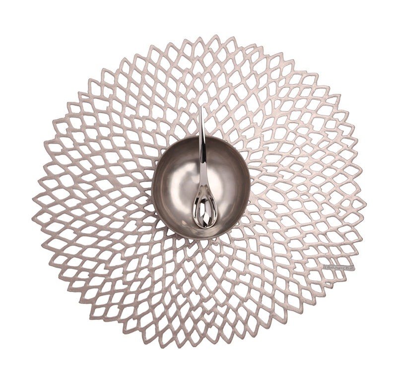 Dahlia placemat by Alessi, design Sandy Chilewich, gunmetal with openwork texture