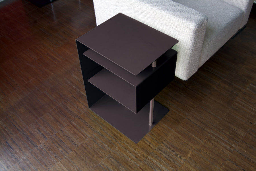 X-Centric side table by Radius, steel frame with clear acrylic tube, matte black