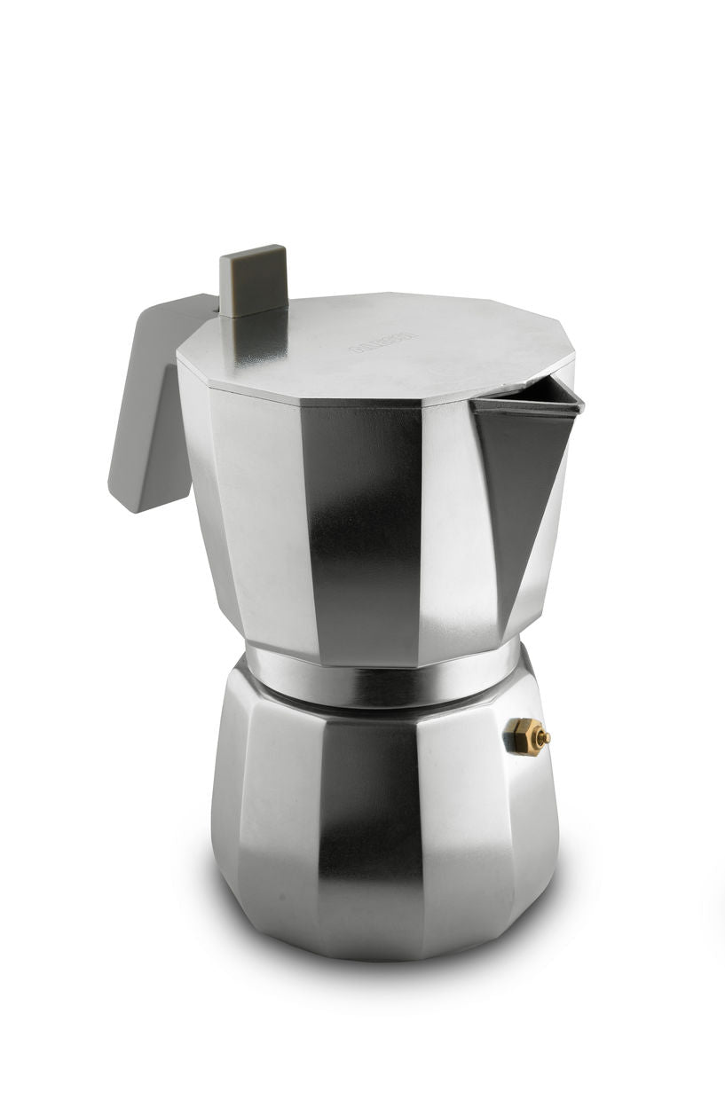 Alessi Moka espresso maker 6-cup, induction, top view with spout