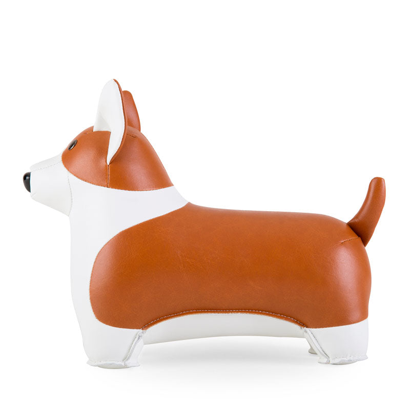 Zuny deurstop corgi van kunstleder, zijaanzicht in bruin en wit