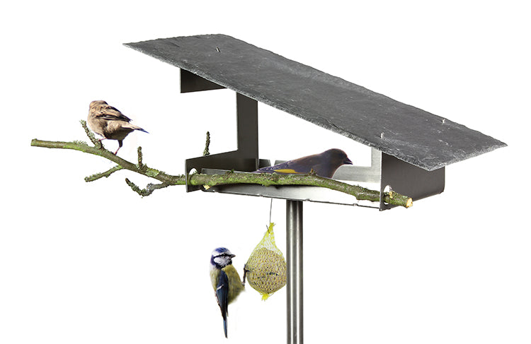 BirdFeeder VH-6 in staal met leisteen dak, losstaand op witte achtergrond