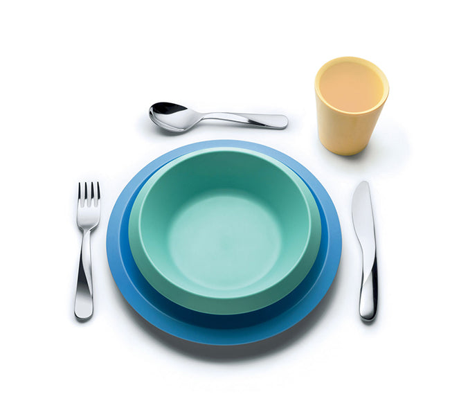 Alessi Giro kinderbestek bij servies in blauw en groen
