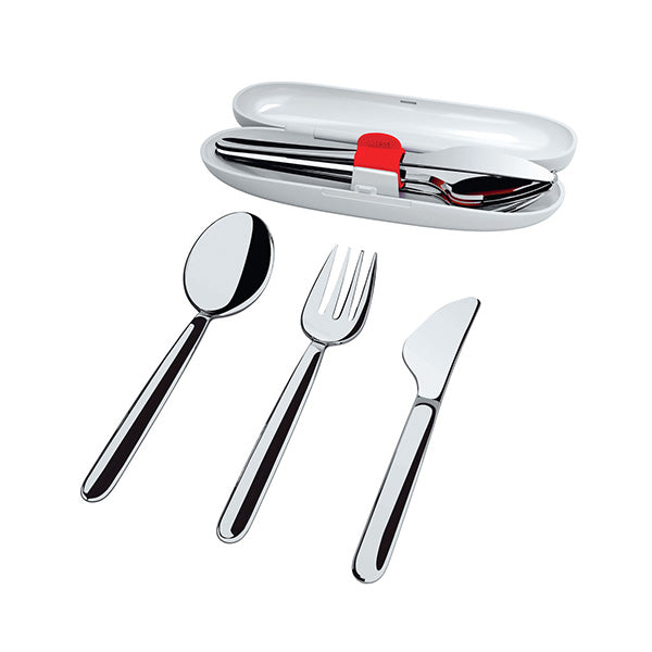 Alessi bestekset uit serie Food à Porter, ontworpen door Sakura Adachi, in ovale opbergbox