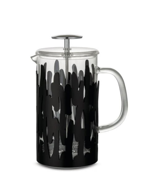Alessi Bark cafetière, zwarte houder met boomschors-motief, glas en rvs