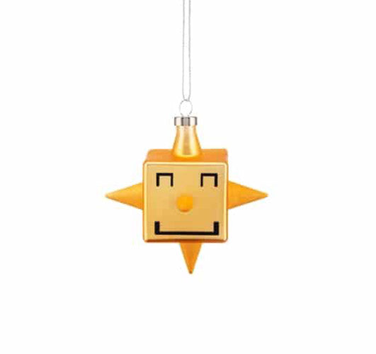 Kerstbal Cubic-Star, glazen kubus met gezicht en puntige uitsteeksels in oranje