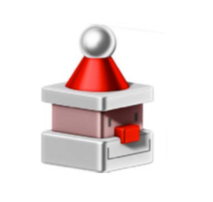 Kerstbal uit de Alessi-serie Santa-Cube, glazen kubus met rode punthoed, miniatuurweergave