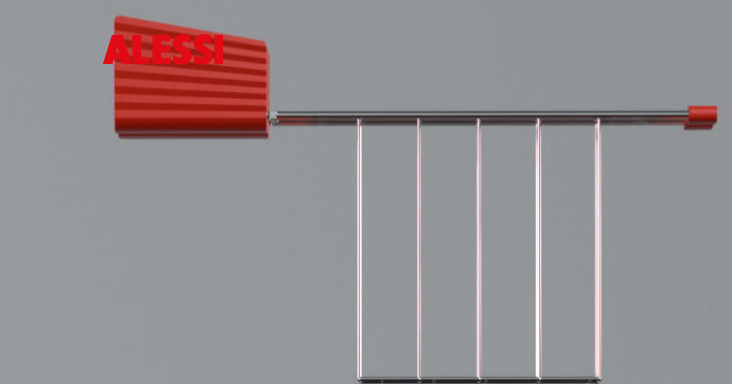 Alessi Plissé toastklem in rood, close-up van greep en draadrek