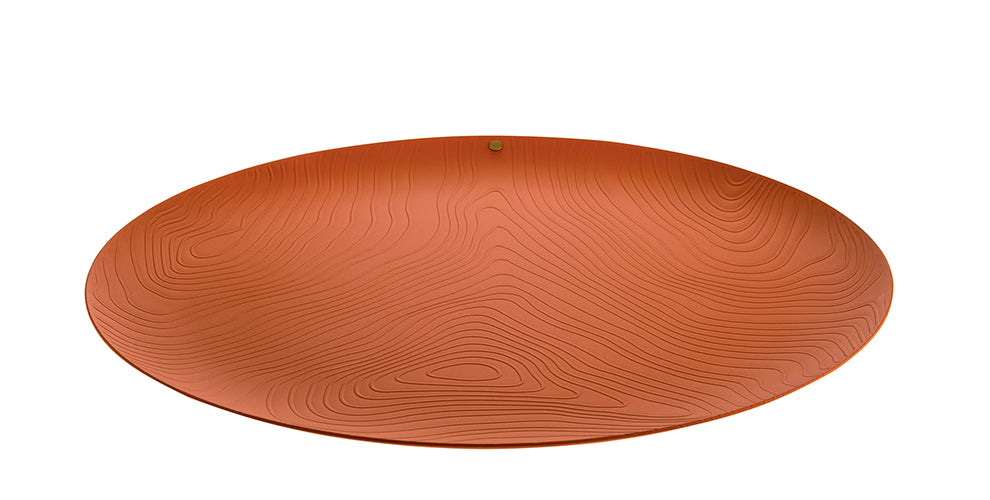 Alessi Veneer platte schaal in bruine kleur met houtnerf-motief, zijaanzicht, Ø42 cm