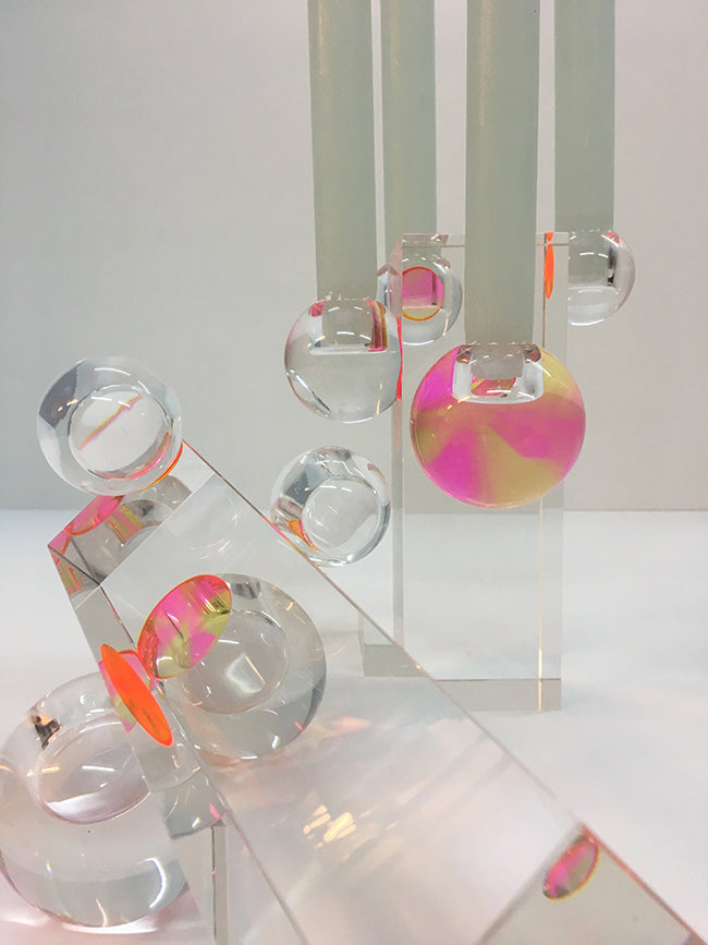 Fundamental Drops Candelabra candle holder, detail of iridescent crystal spheres