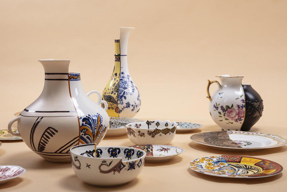 Diverse items uit de nieuwe Hybris serie van Seletti, waaronder vazen, kommen en borden
