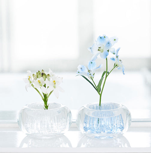 +D Michi-Kusa klein glazen vaasje, Cloud Grey naast transparante uitvoering, met bloemen