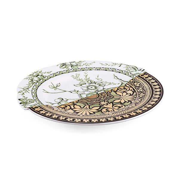 Alessi Hybrid Lothal large plate, view at an angle with wavy rim and two-colour motif