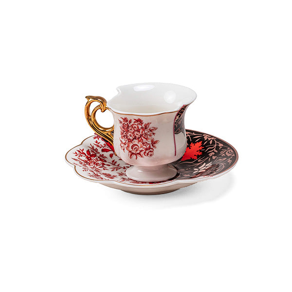 Seletti coffee cup and saucer, Sagala, side view with gold-coloured handle left