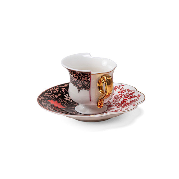 Seletti coffee cup and saucer, Hybrid-World series Sagala, front view with gold-coloured handle