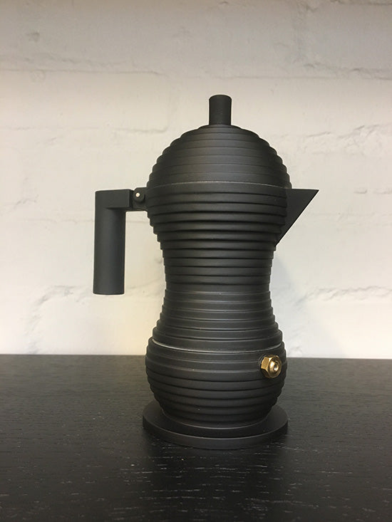 Alessi PULCINA espressomaker, ontwerp Michele De Lucchi, 1 kops, zwart, vooraanzicht