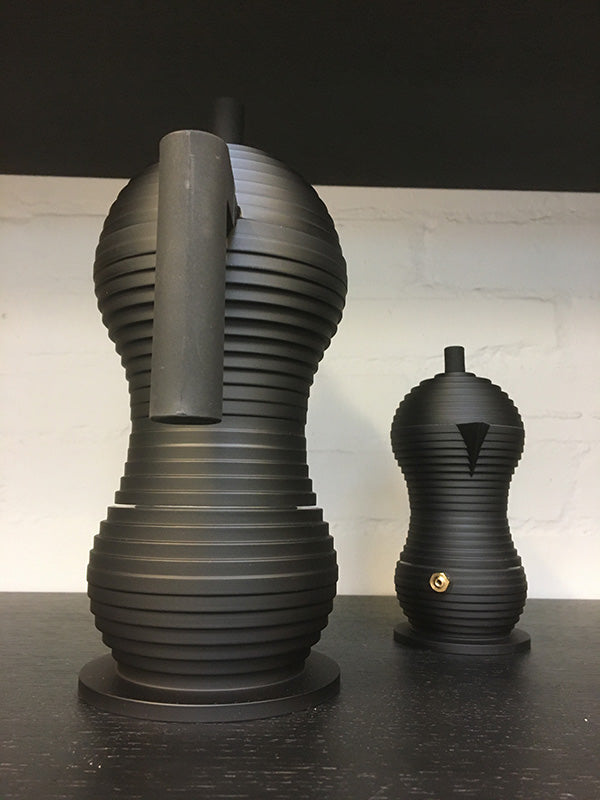 Alessi Pulcina espresso maker in black next to smaller version, side view