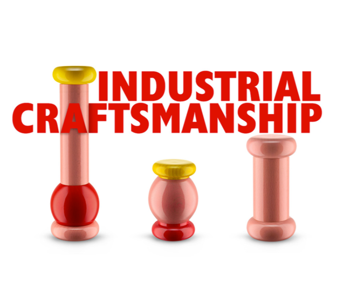 Twergi pepermolens van Alessi in diverse hoogtes, met tekst Industrial Craftmanship