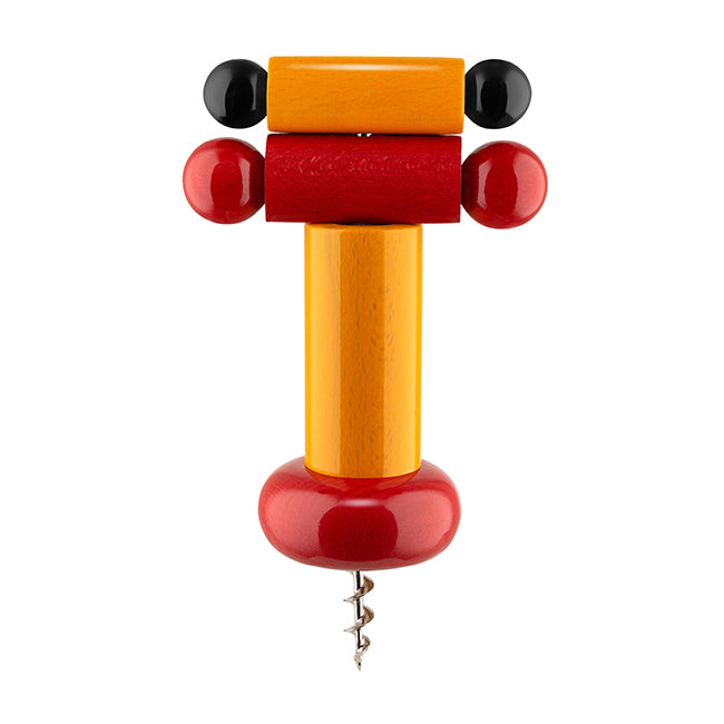 Alessi Twergi kurkentrekker rood-geel, ontwerp Ettore Sottsass, in beukenhout