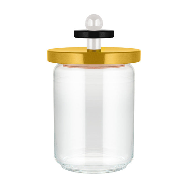 Alessi Twergi voorraadpot, glas met gele deksel, ontwerp Ettore Sottsass