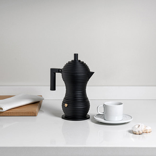 Alessi PULCINA espresso maker 3-cup black, with espresso cup