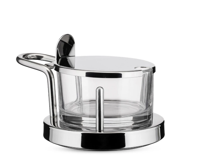 Alessi kaas container van Sottsass in glas en glanzend metaal, schuine zijaanzicht