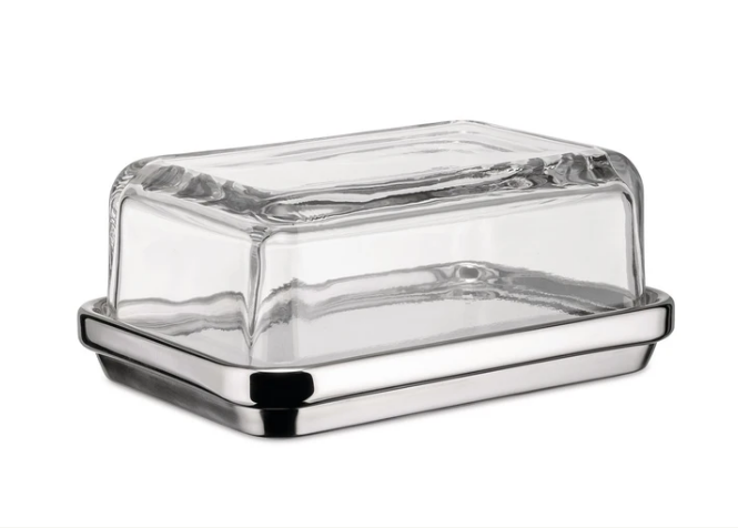 Alessi botervloot Sottsass met bodem in rvs en deksel van helder glas