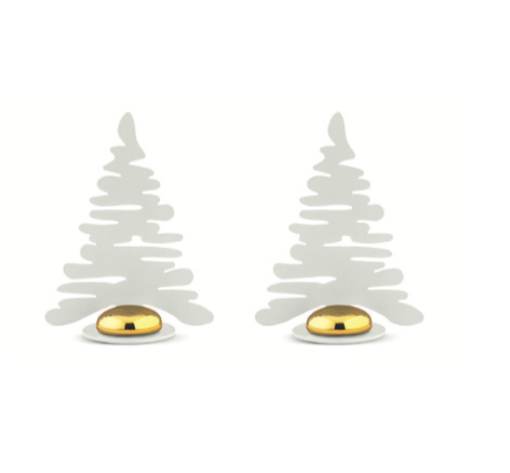 Alessi Mini Bark boompjes, twee witte metalen placemarkers met gouden knop, ontwerp Michel Boucquillon