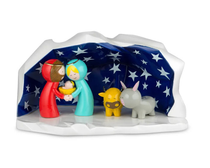 Alessi Happy Eternity kerststal, ontwerp Massimo Giacon, grot met sterrenhemel en beeldjes