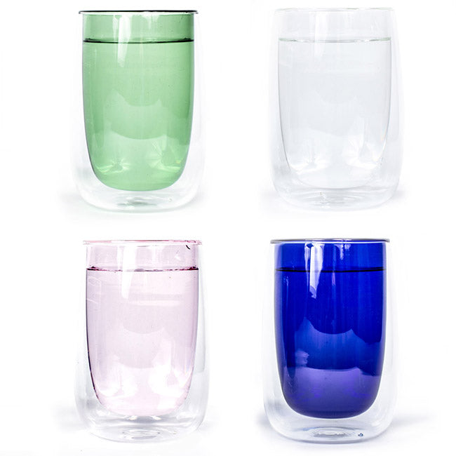 Serie Doppler theeglazen in groen, helder, roze en blauw
